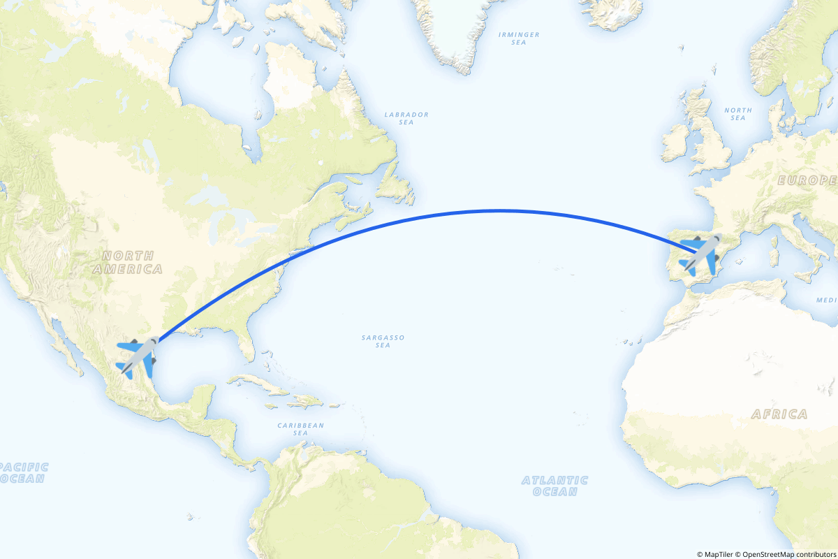 Map of the Madrid to Monterrey route