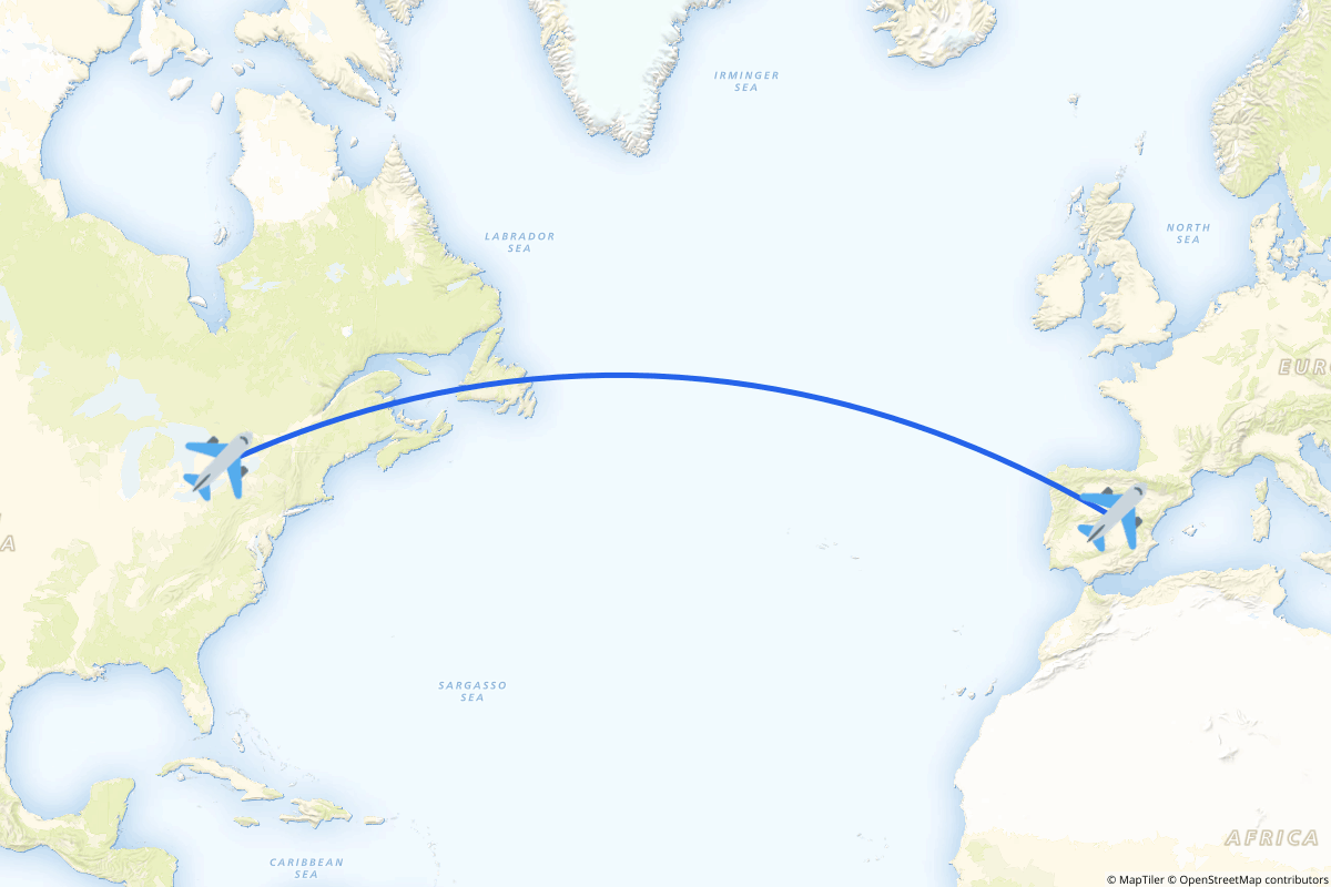 Map of the Madrid to Toronto route