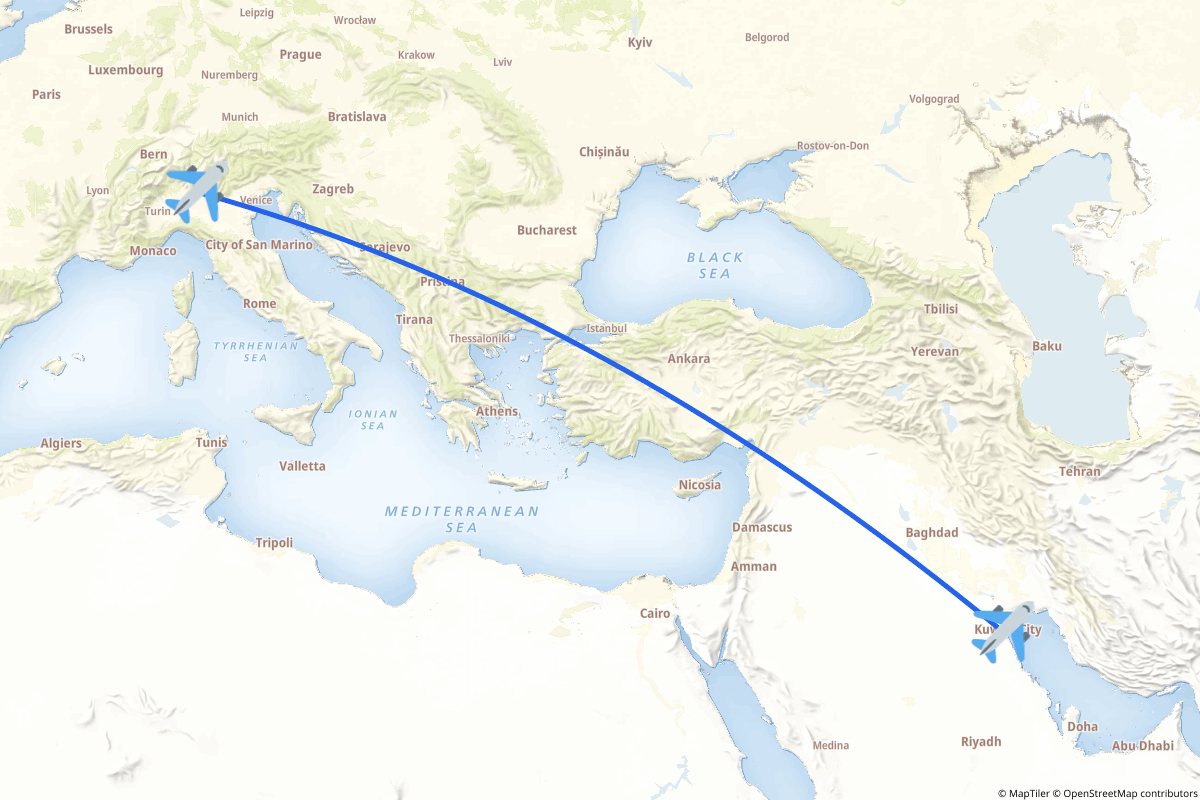 Map of the Kuwait City to Orio al Serio route