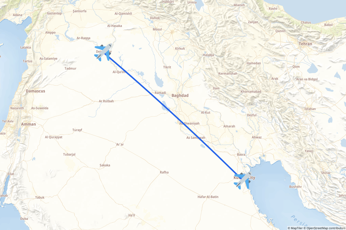 Map of the Kuwait City to Deir ez-Zor route