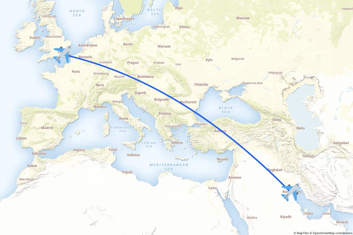 Map of the Kuwait City to London route