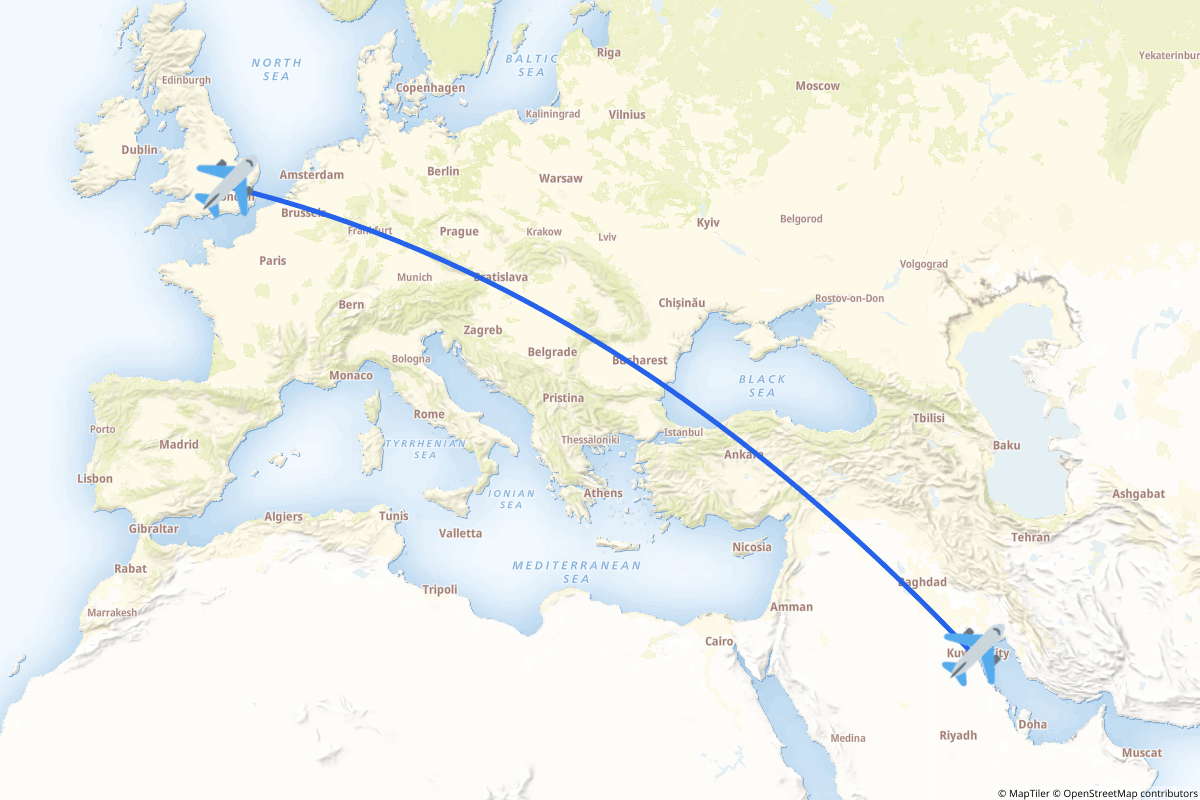 Map of the Kuwait City to Luton, Bedfordshire route