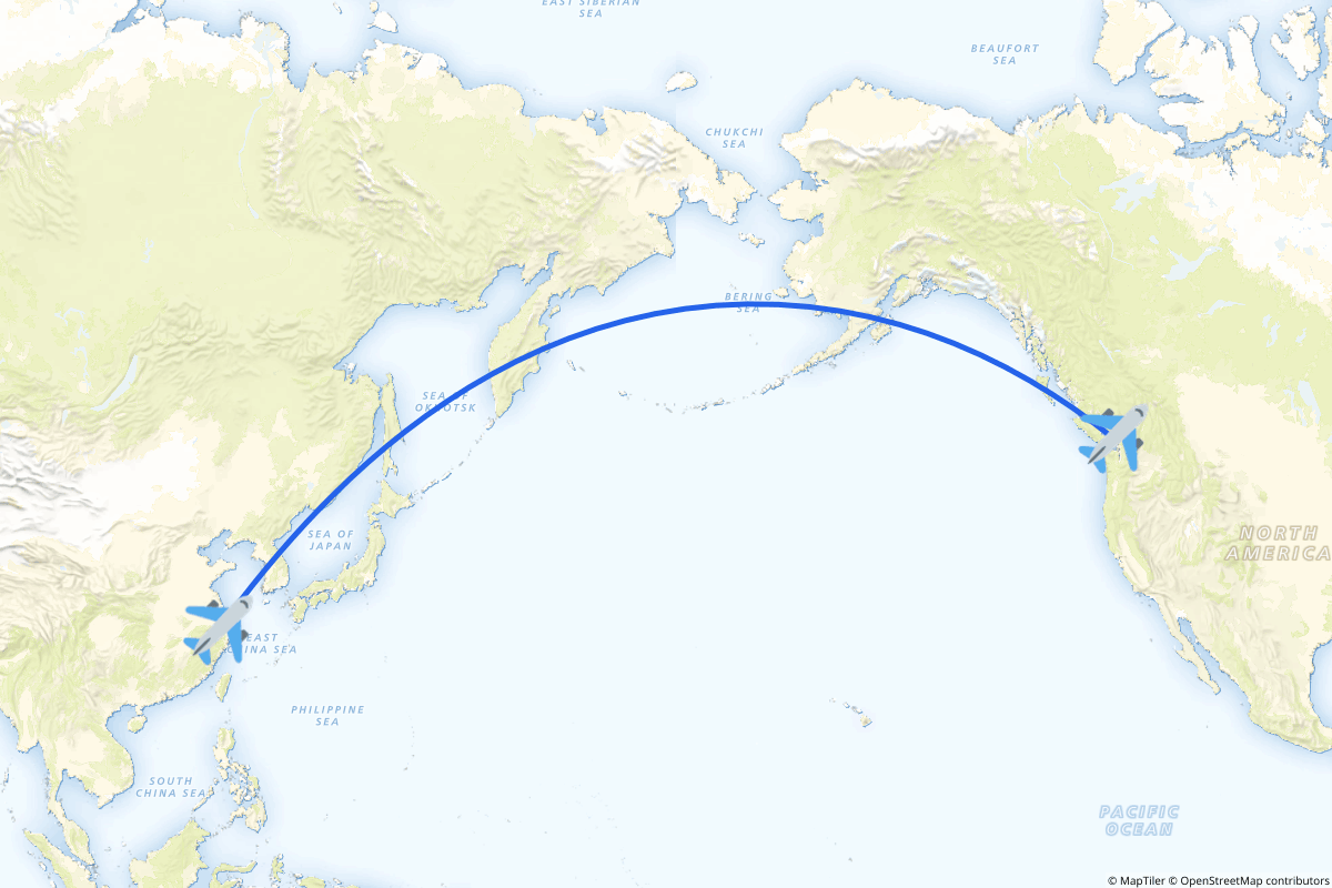 Map of the Hangzhou to Vancouver route