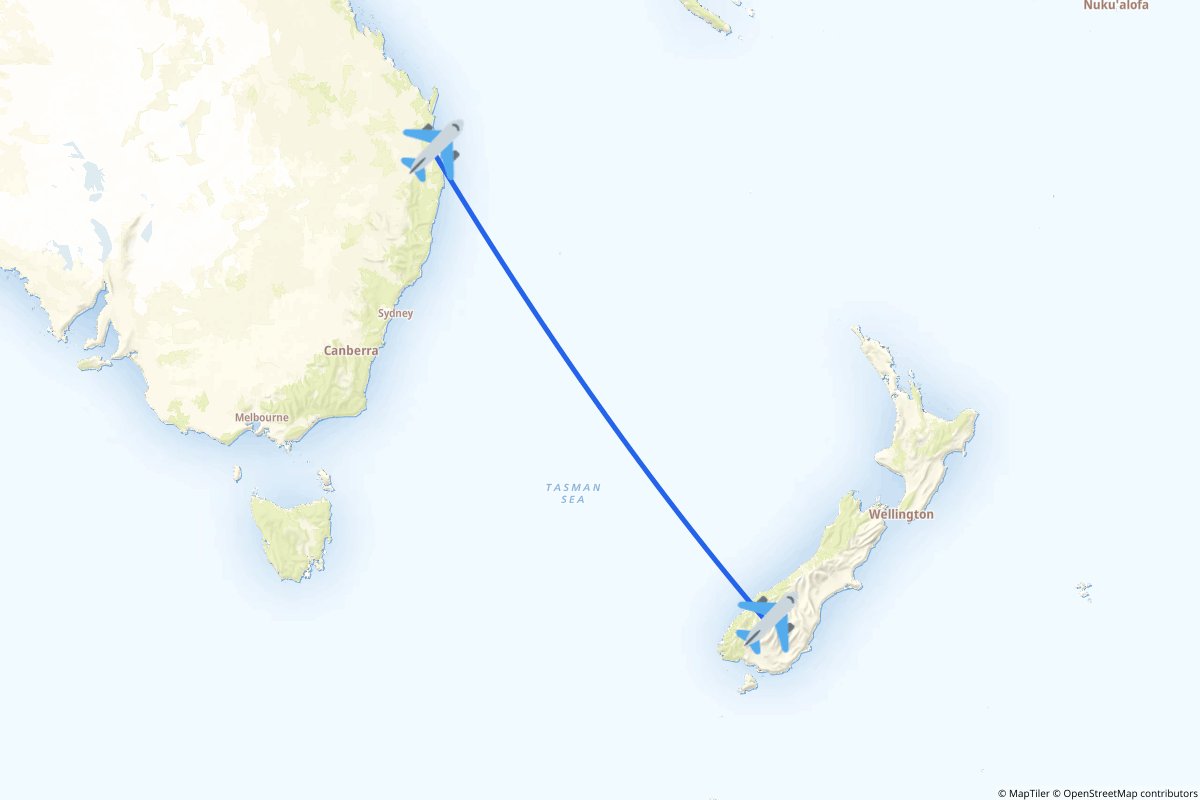 Map of the Brisbane to Queenstown route