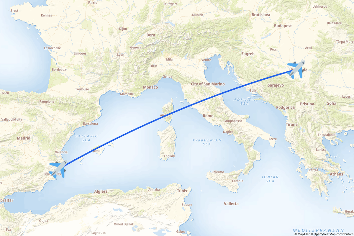 Map of the Belgrade to Alicante route
