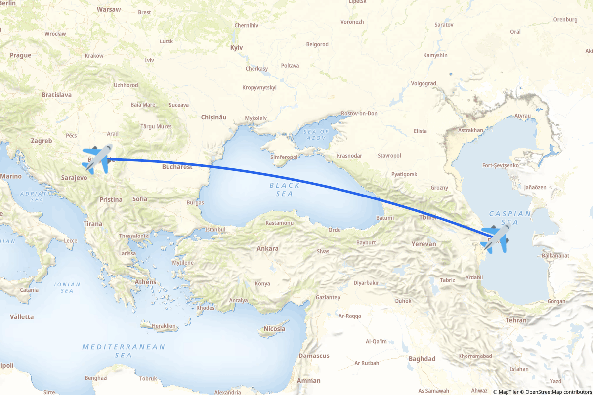 Map of the Belgrade to Baku route