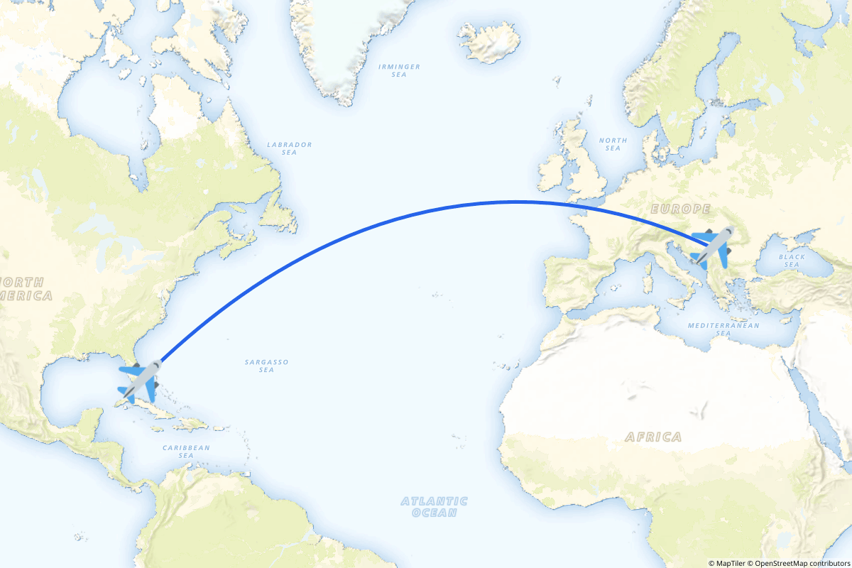 Map of the Belgrade to Miami route