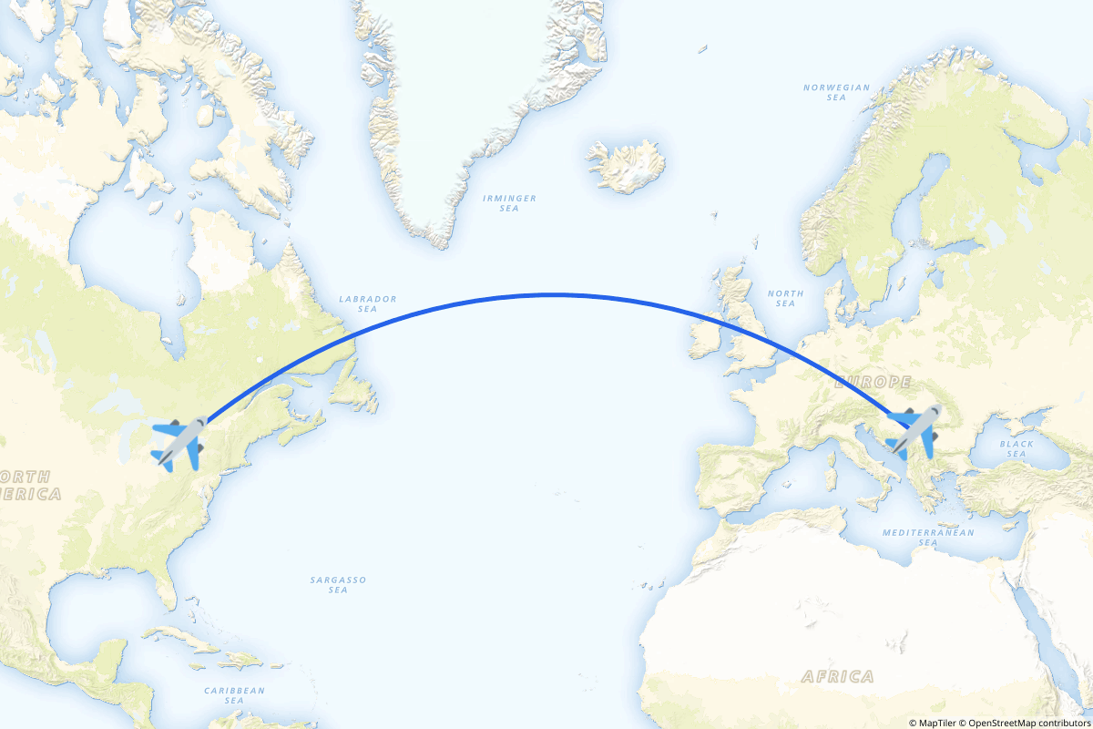 Map of the Belgrade to Toronto route