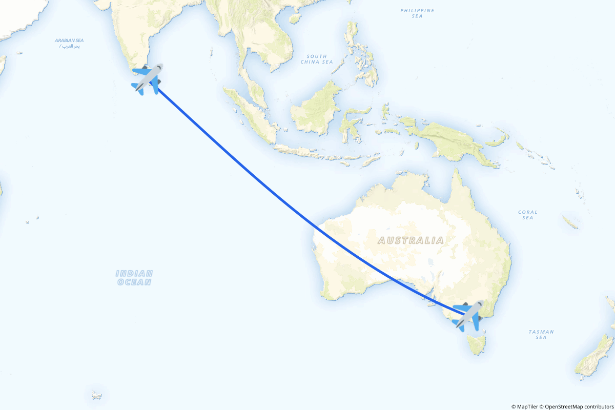 Map of the Melbourne to Colombo route