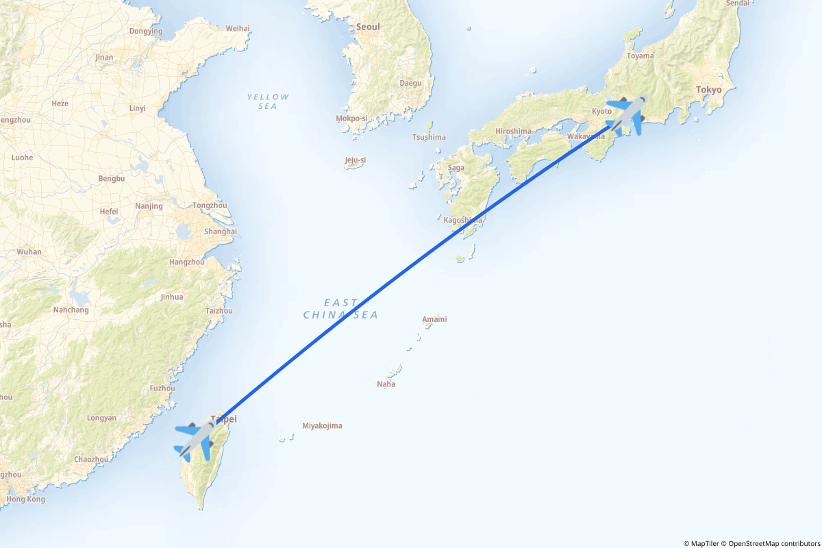 Map of the Taichung (Qingshui) to Tokoname route