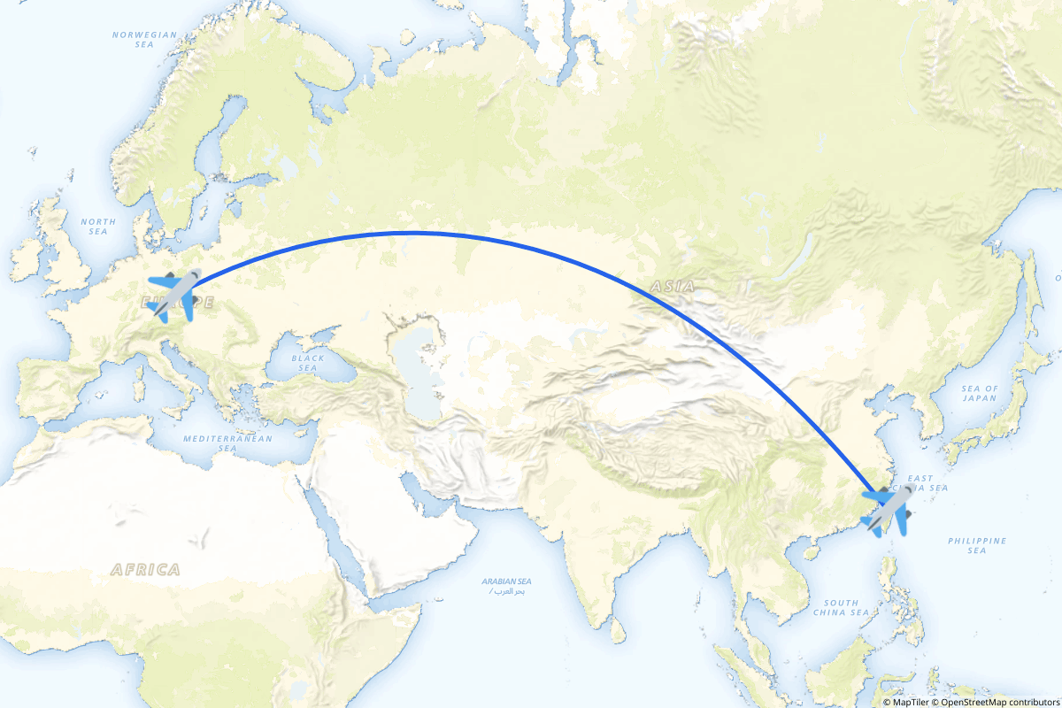 Map of the Taoyuan to Prague route