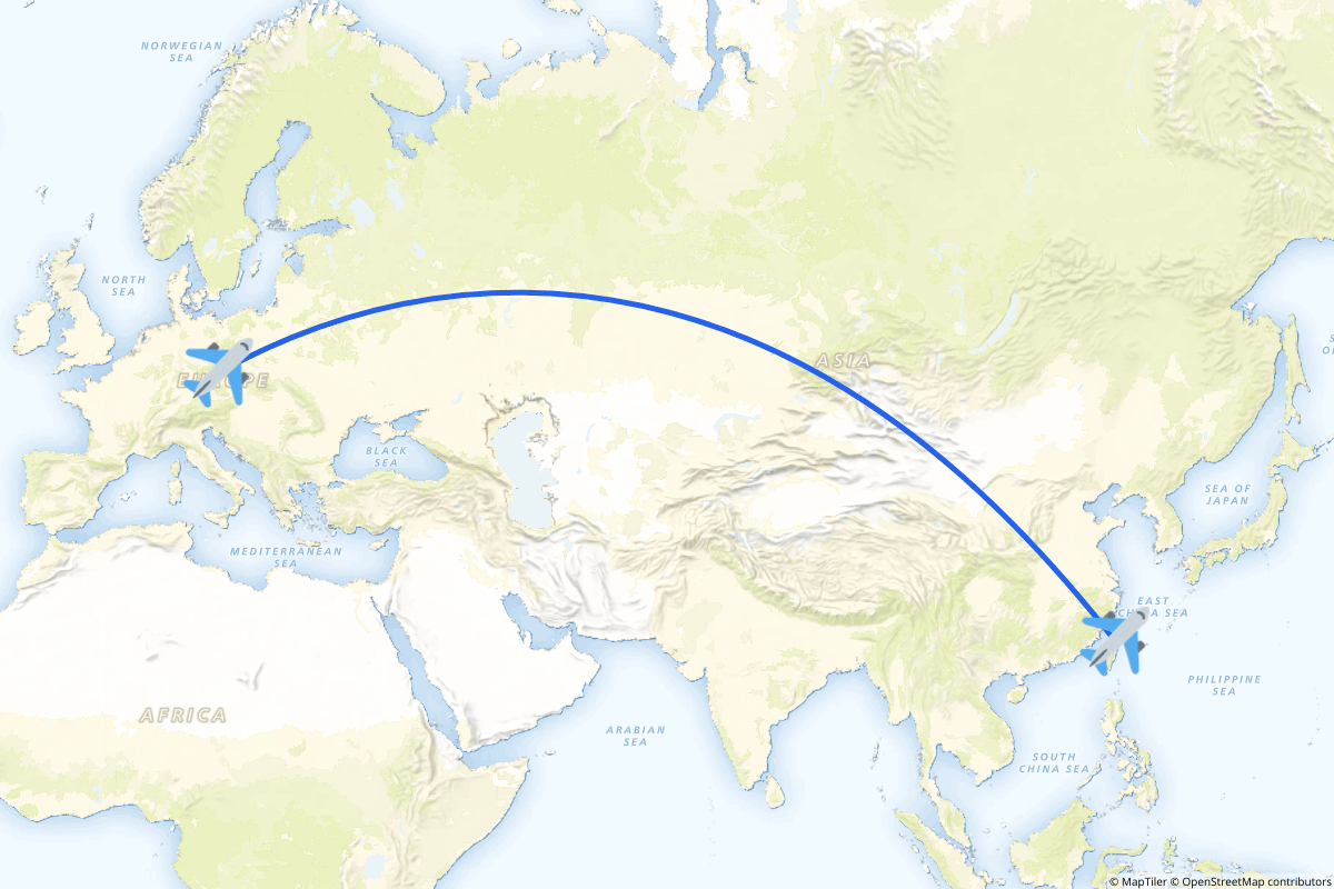 Map of the Taipei (Songshan) to Prague route