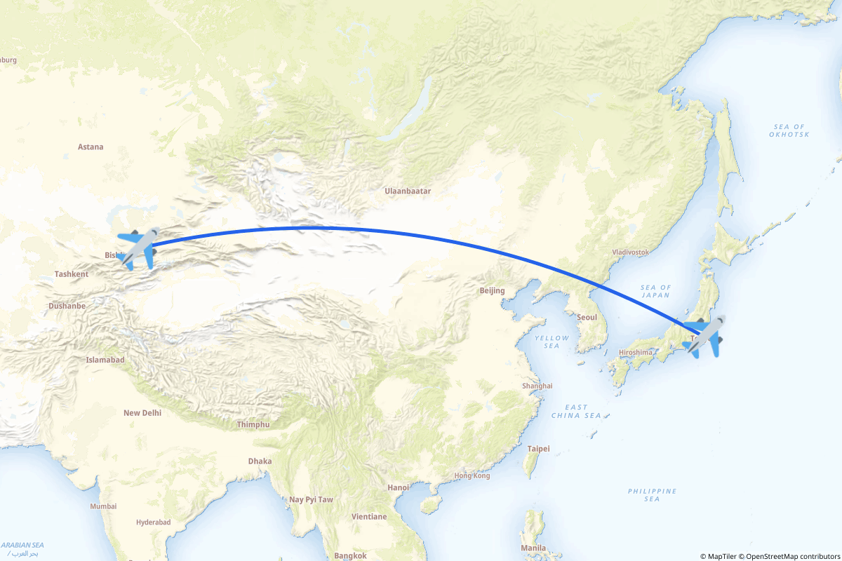 Map of the Almaty to Narita route