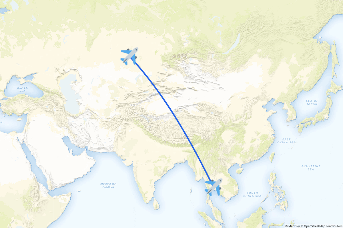 Map of the Astana to Bangkok route