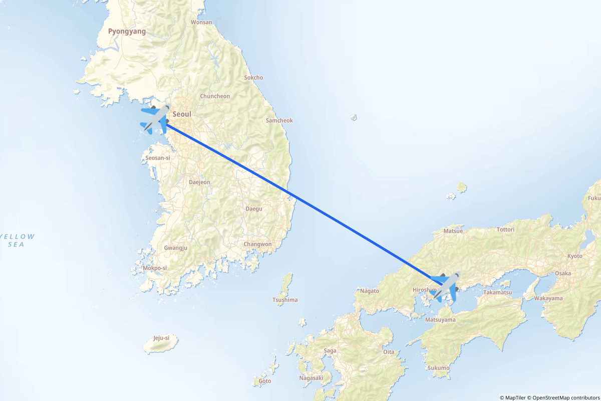 Map of the Seoul to Hiroshima route
