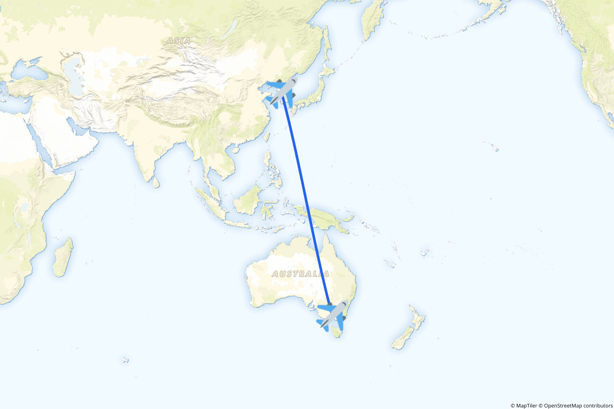 Map of the Seoul to Melbourne route