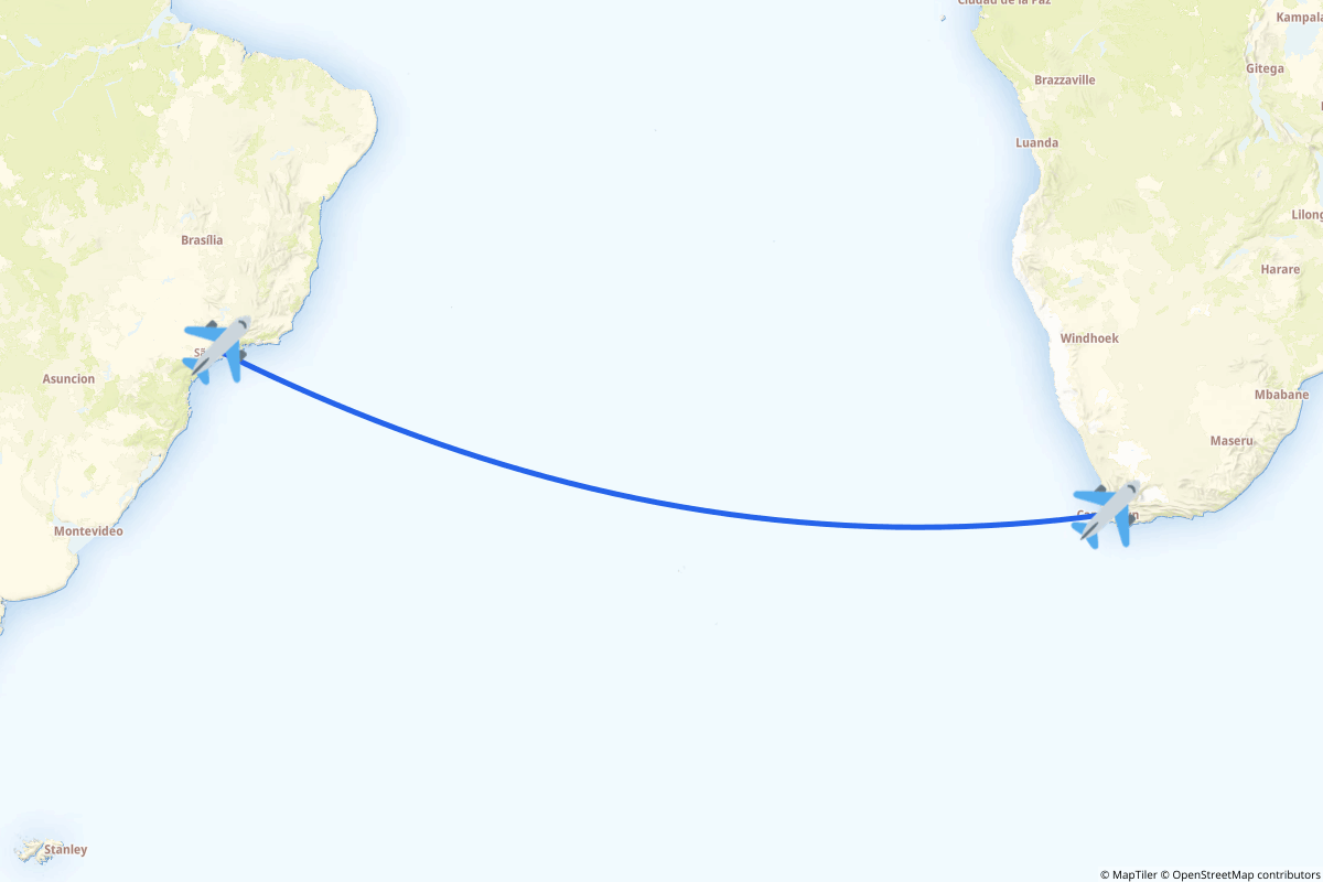 Map of the São Paulo to Cape Town route
