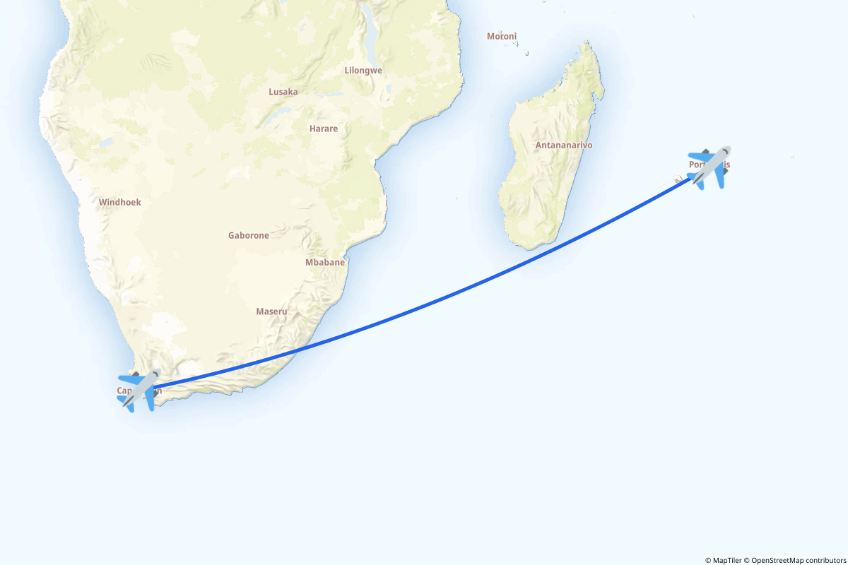 Map of the Cape Town to Plaine Magnien route