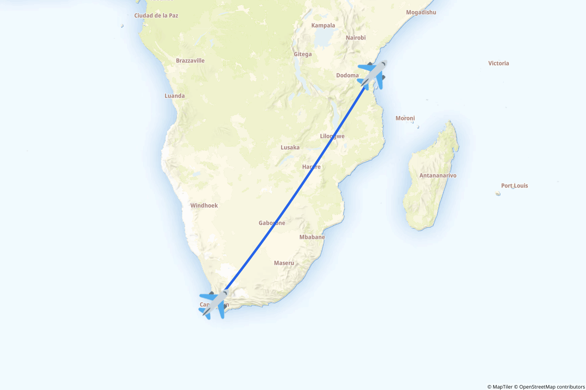 Map of the Cape Town to Zanzibar route