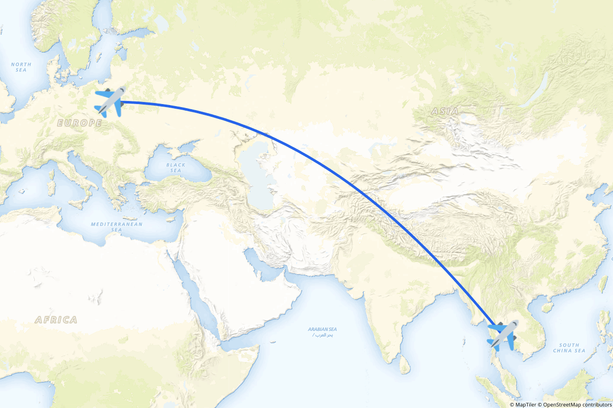Map of the Warsaw to Bangkok route