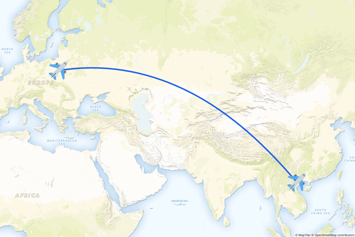 Map of the Warsaw to Hanoi (Soc Son) route