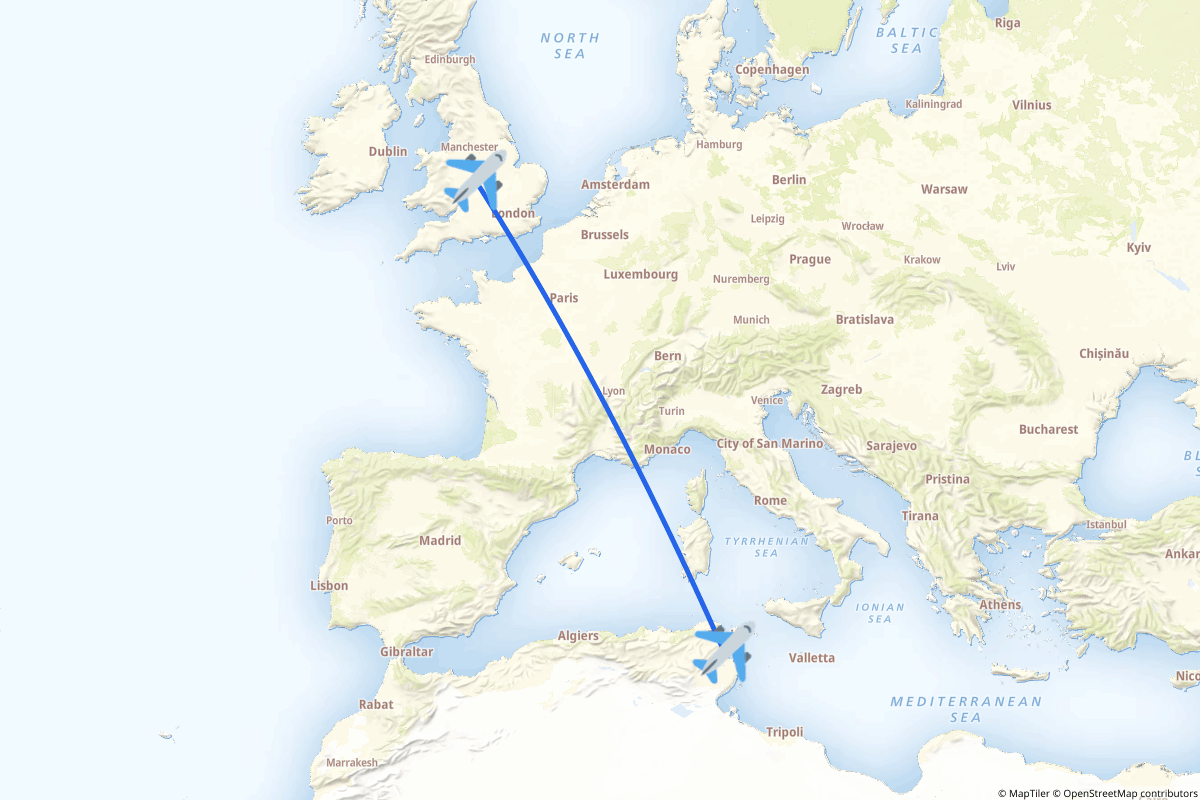Map of the Birmingham, West Midlands to Enfidha route