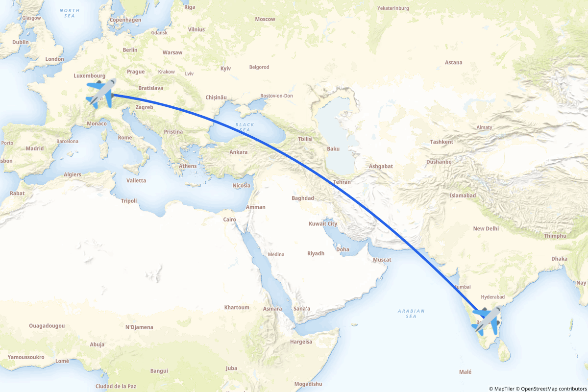 Map of the Zurich to Bangaluru route