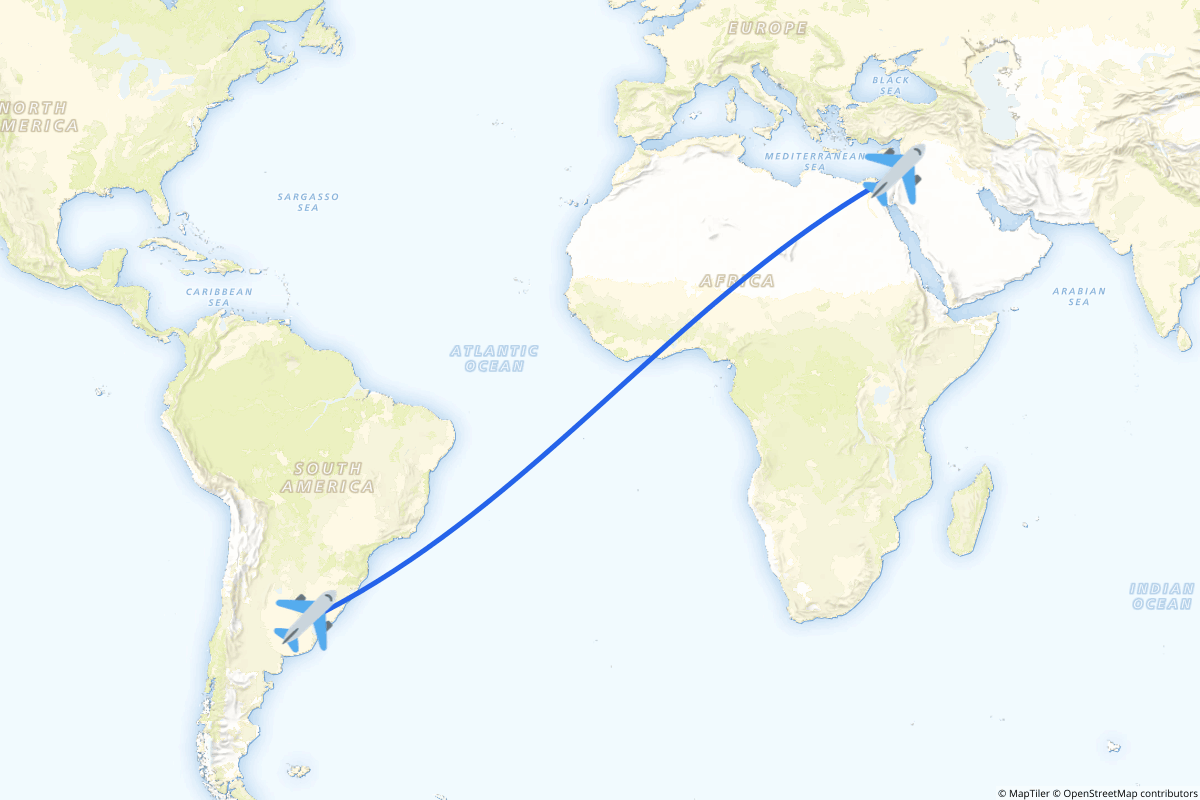 Map of the Tel Aviv to Buenos Aires route