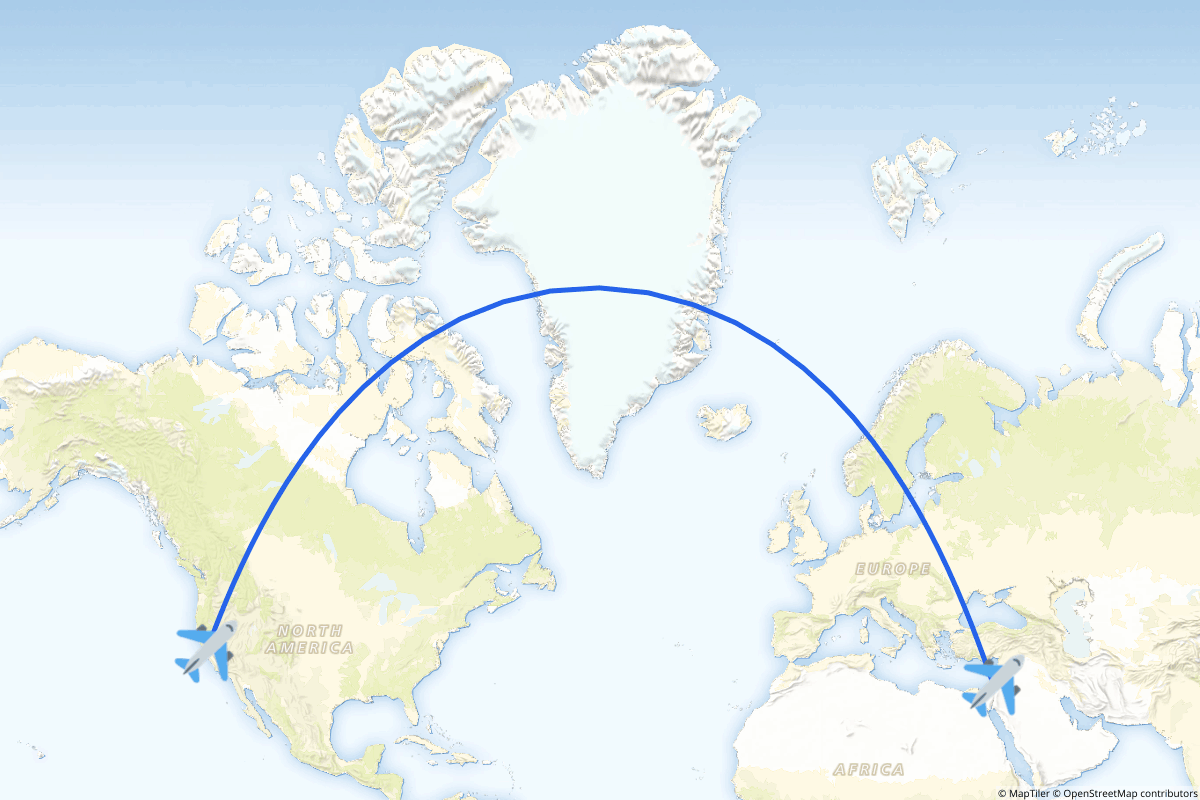 Map of the Tel Aviv to San Francisco route
