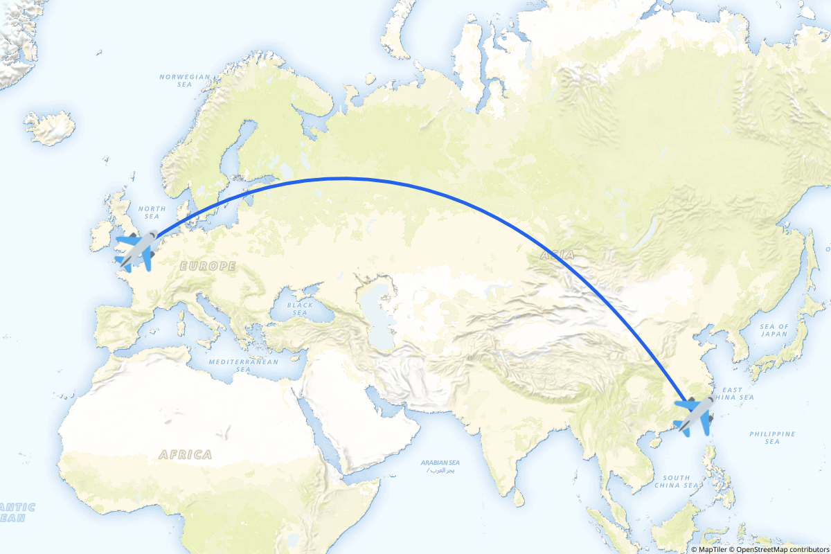 Map of the Xiamen to London route
