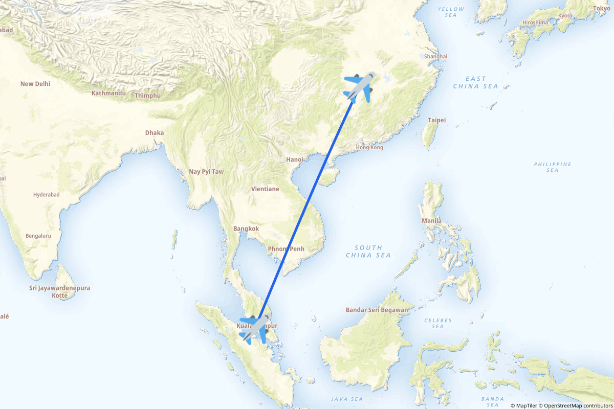 Map of the Sepang to Changsha (Changsha) route
