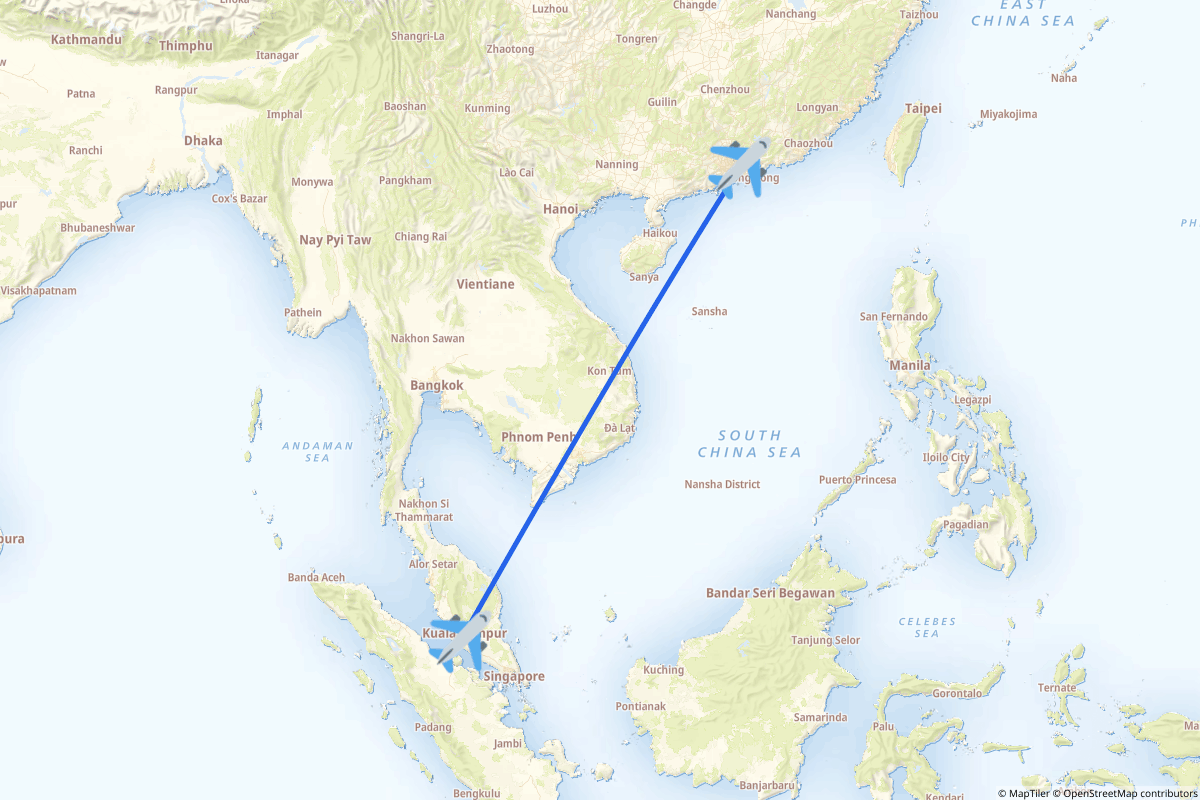 Map of the Sepang to Shenzhen (Bao'an) route