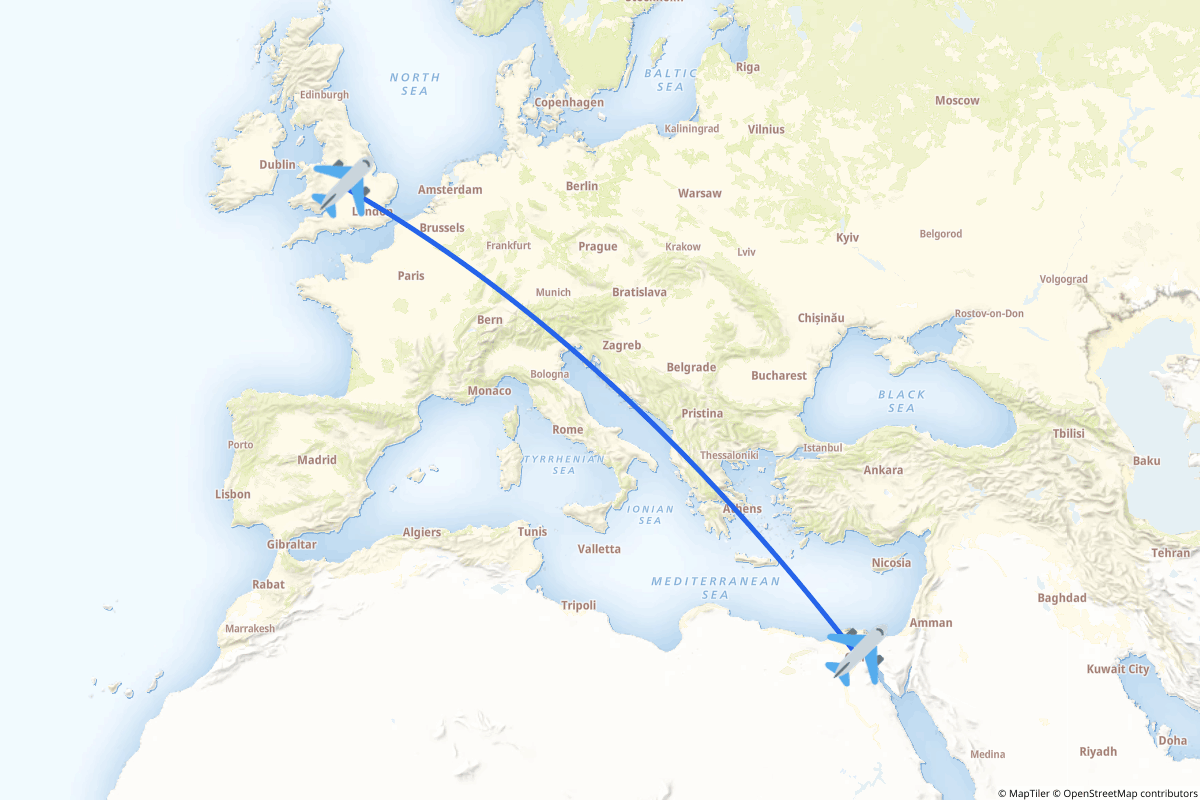 Map of the Birmingham, West Midlands to Cairo route