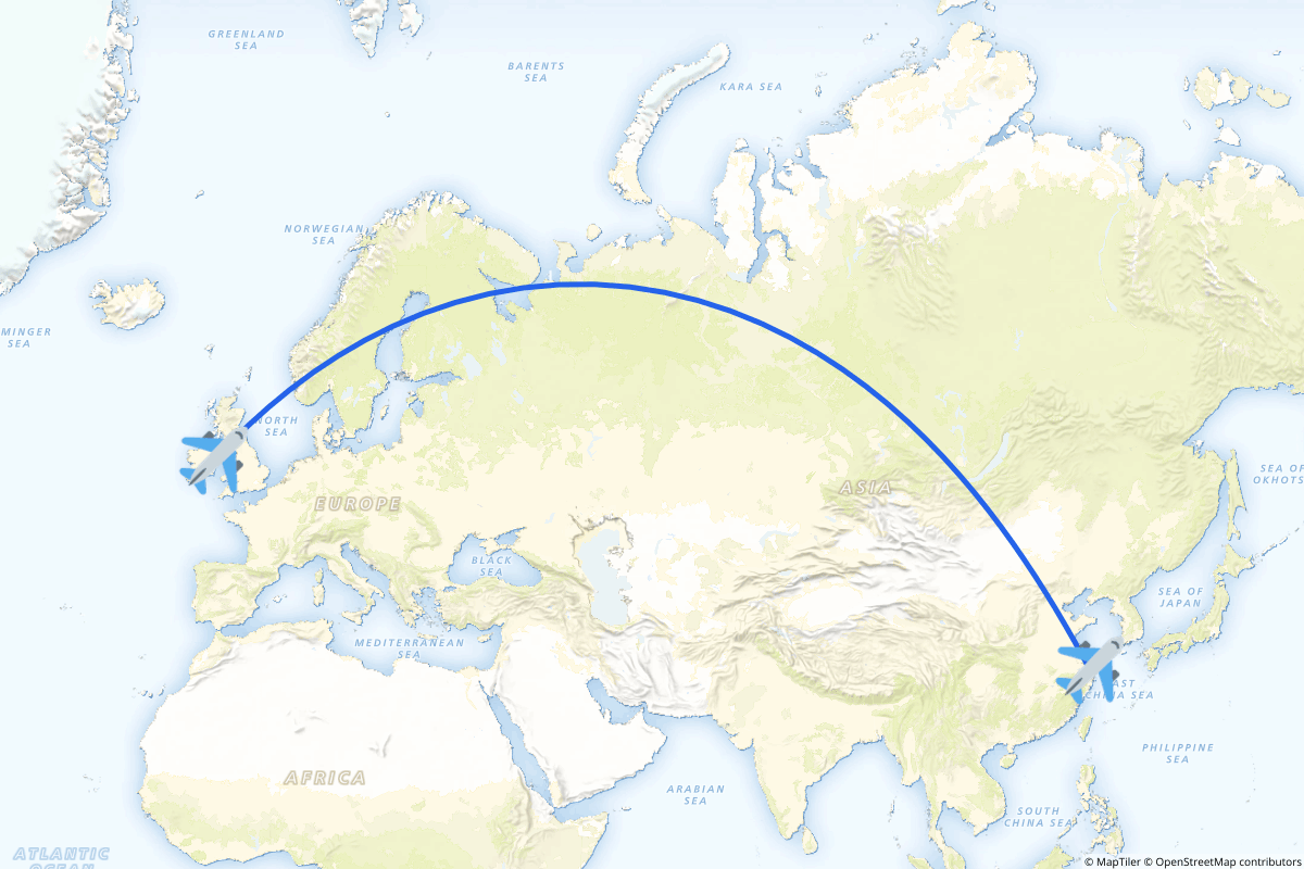 Map of the Dublin to Shanghai (Pudong) route