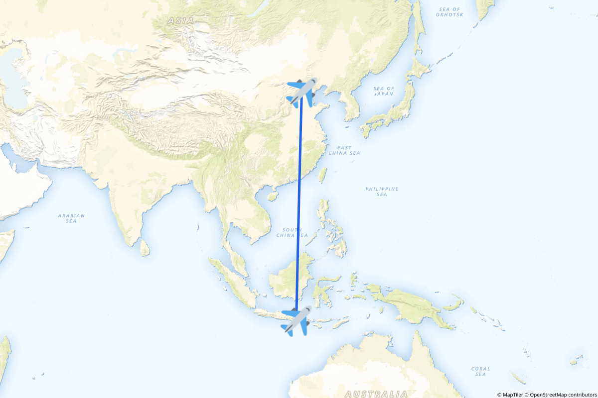 Map of the Beijing to Kuta, Badung route