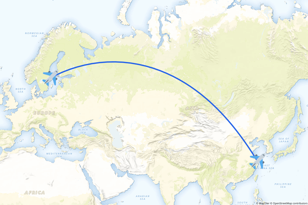Map of the Shanghai (Pudong) to Stockholm route