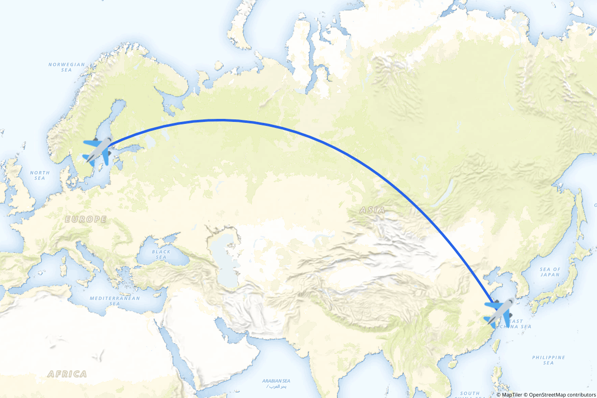 Map of the Shanghai (Pudong) to Stockholm route