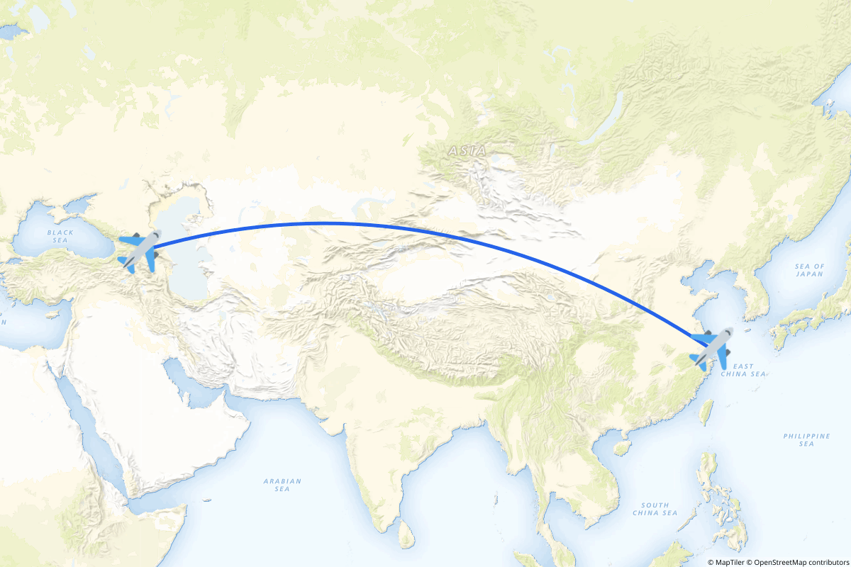 Map of the Shanghai (Pudong) to Tbilisi route