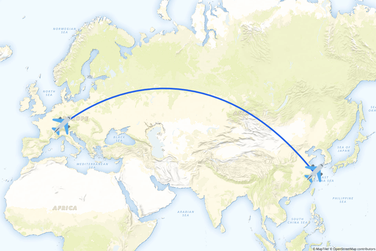 Map of the Shanghai (Pudong) to Zurich route