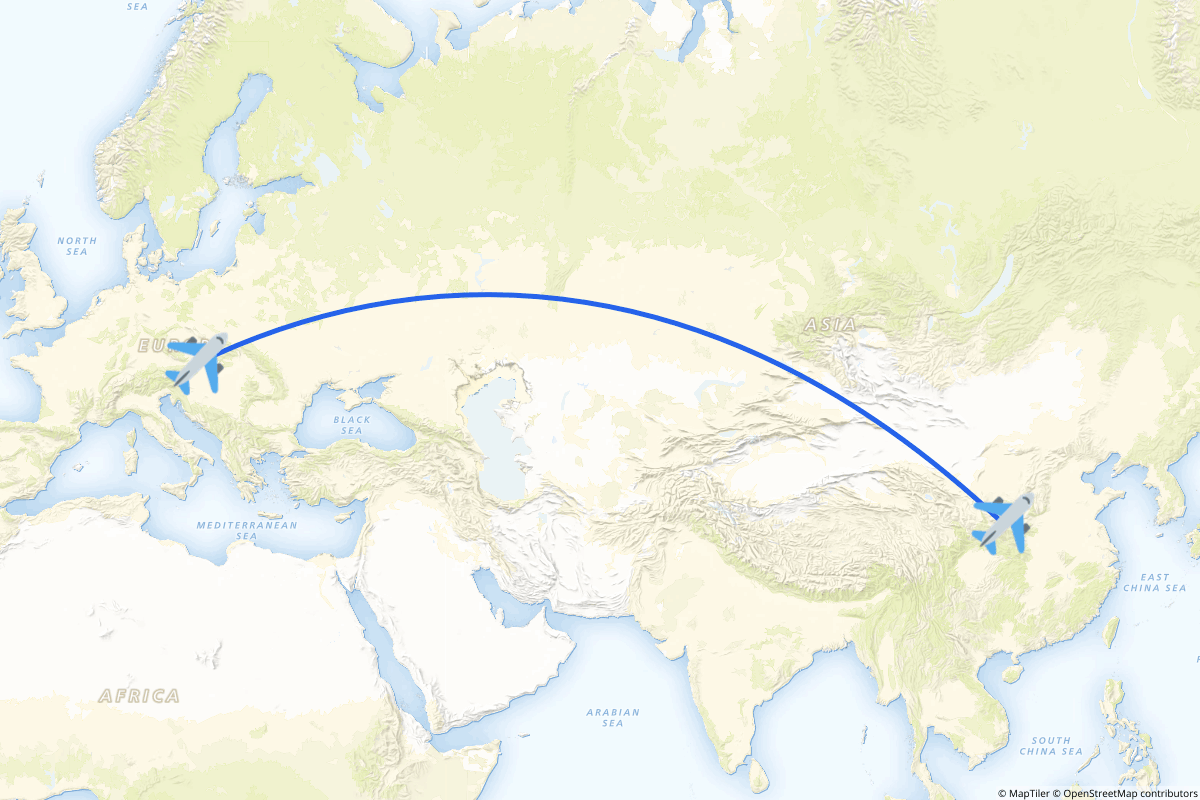 Map of the Xianyang (Weicheng) to Vienna route