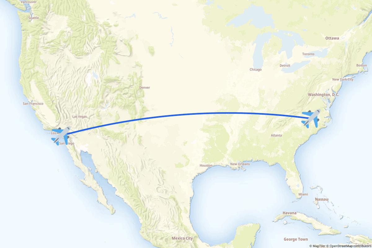 Map of the Raleigh/Durham to Santa Ana route