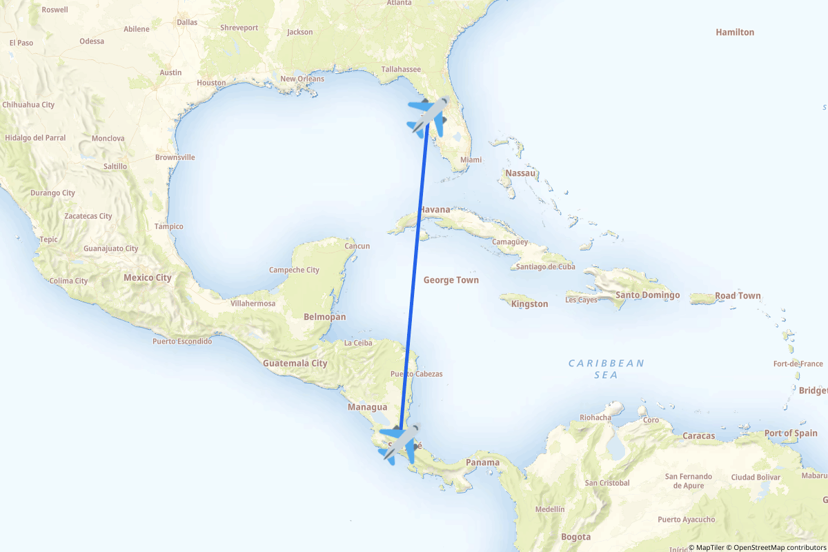 Map of the Tampa to San José (Alajuela) route