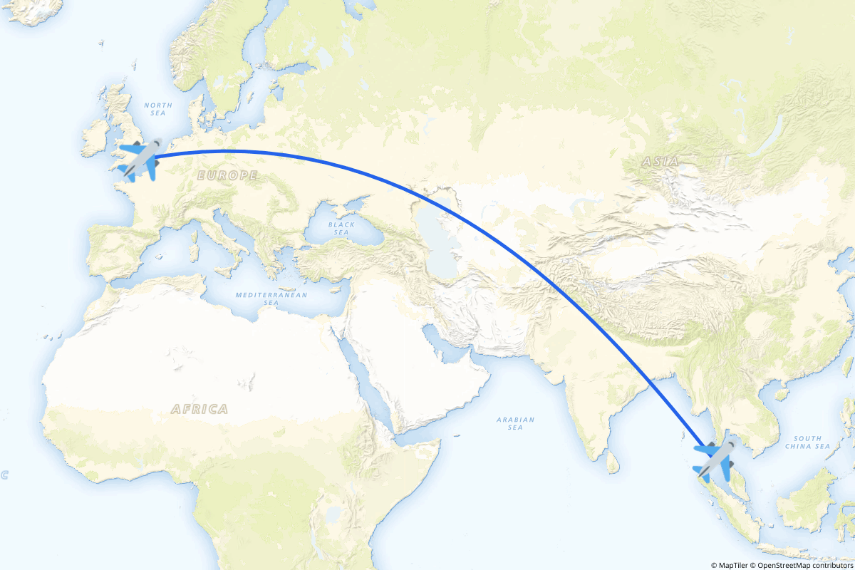Map of the London to Phuket route