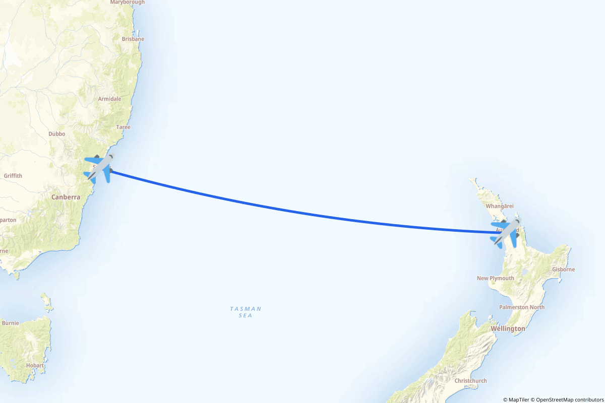 Map of the Auckland to Sydney (Mascot) route