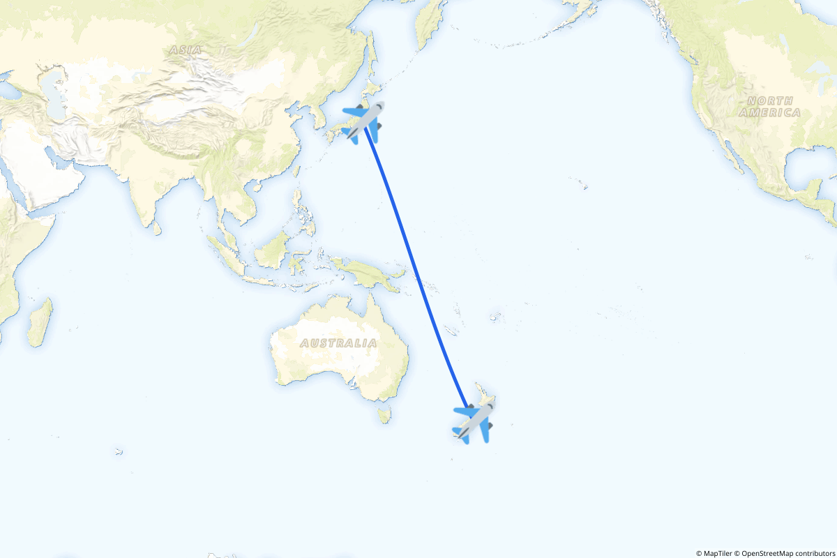 Map of the Christchurch to Narita route
