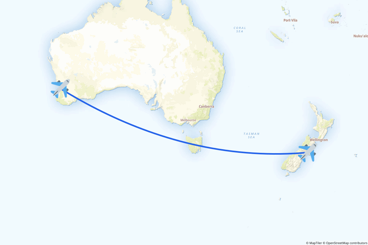 Map of the Christchurch to Perth route