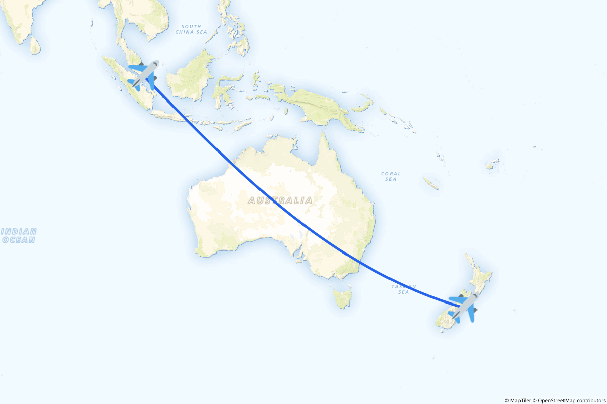 Map of the Christchurch to Singapore route