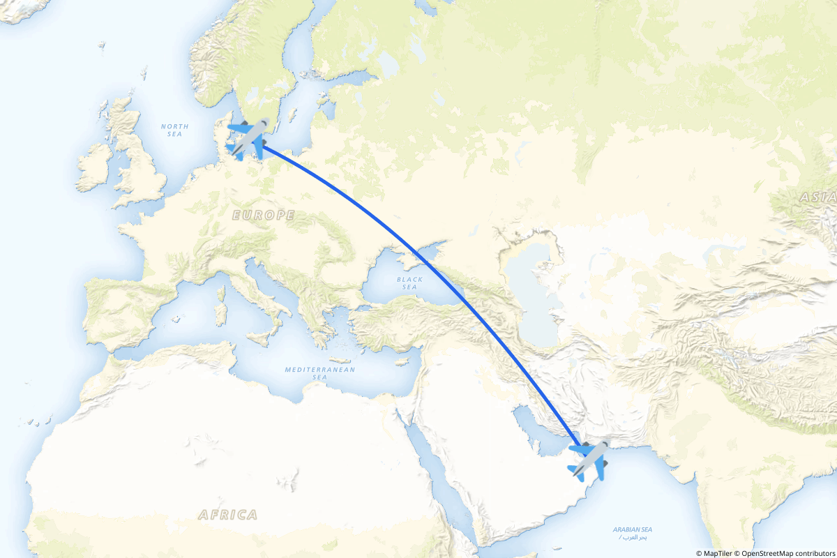 Map of the Muscat to Copenhagen route
