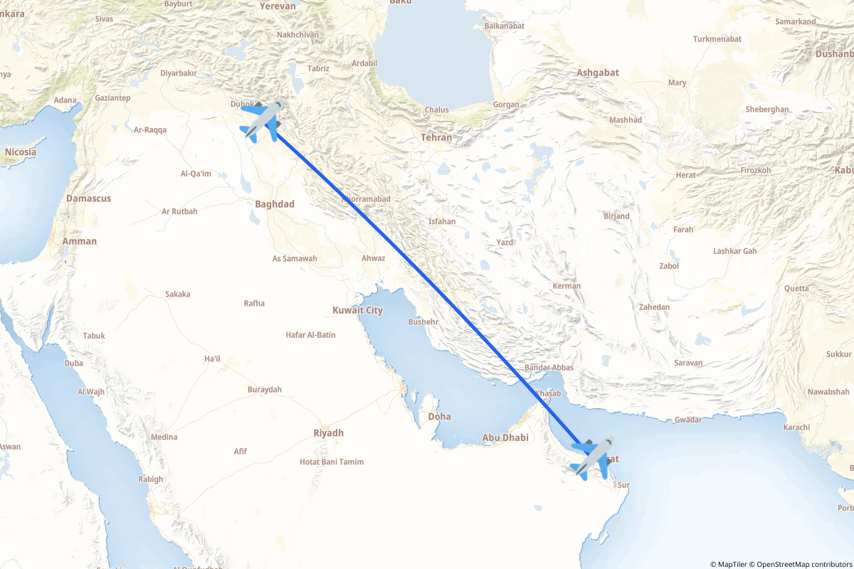 Map of the Muscat to Arbil route
