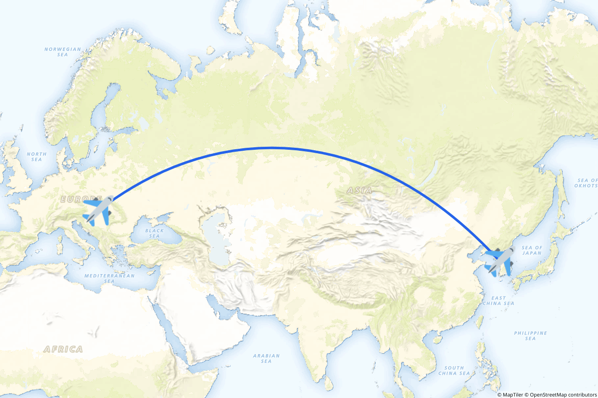 Map of the Seoul to Budapest route